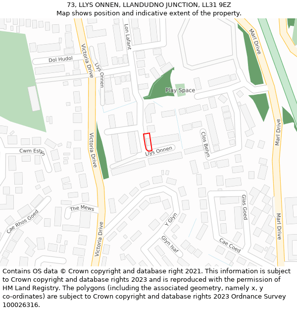 73, LLYS ONNEN, LLANDUDNO JUNCTION, LL31 9EZ: Location map and indicative extent of plot