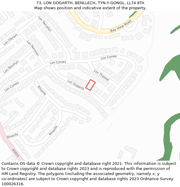 73, LON GOGARTH, BENLLECH, TYN-Y-GONGL, LL74 8TA: Location map and indicative extent of plot