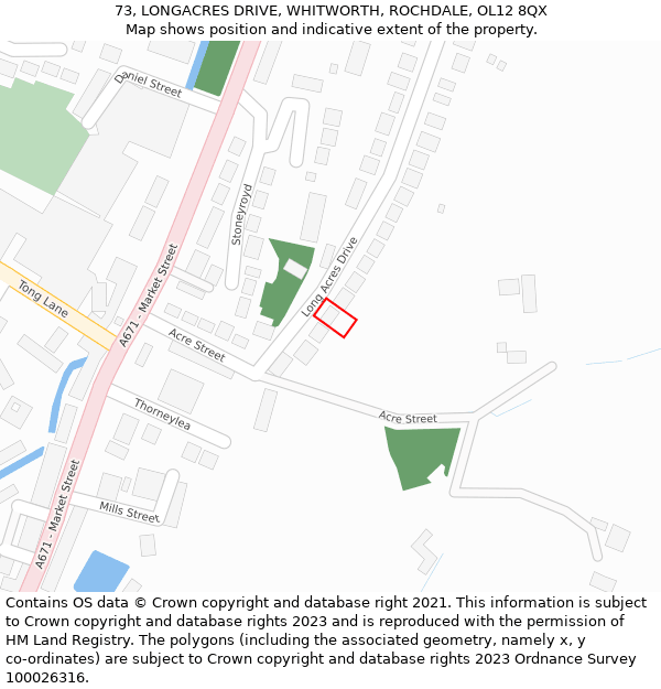 73, LONGACRES DRIVE, WHITWORTH, ROCHDALE, OL12 8QX: Location map and indicative extent of plot