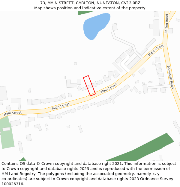 73, MAIN STREET, CARLTON, NUNEATON, CV13 0BZ: Location map and indicative extent of plot