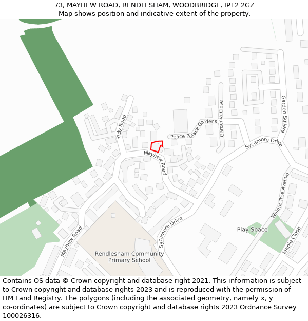 73, MAYHEW ROAD, RENDLESHAM, WOODBRIDGE, IP12 2GZ: Location map and indicative extent of plot