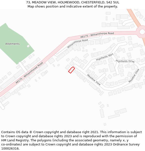 73, MEADOW VIEW, HOLMEWOOD, CHESTERFIELD, S42 5UL: Location map and indicative extent of plot