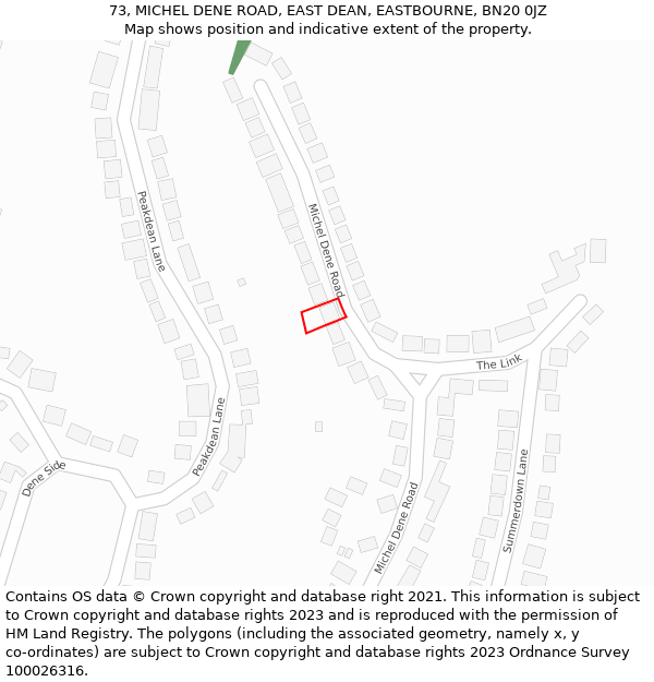 73, MICHEL DENE ROAD, EAST DEAN, EASTBOURNE, BN20 0JZ: Location map and indicative extent of plot