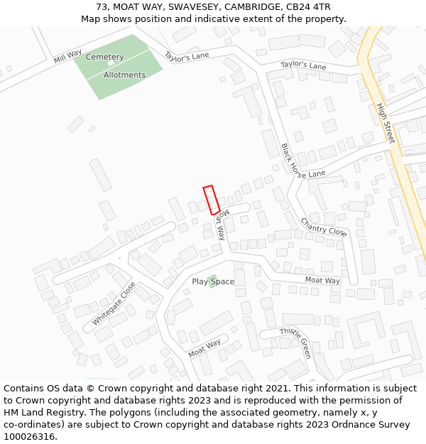 73, MOAT WAY, SWAVESEY, CAMBRIDGE, CB24 4TR: Location map and indicative extent of plot