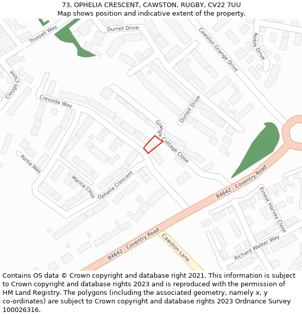 73, OPHELIA CRESCENT, CAWSTON, RUGBY, CV22 7UU: Location map and indicative extent of plot