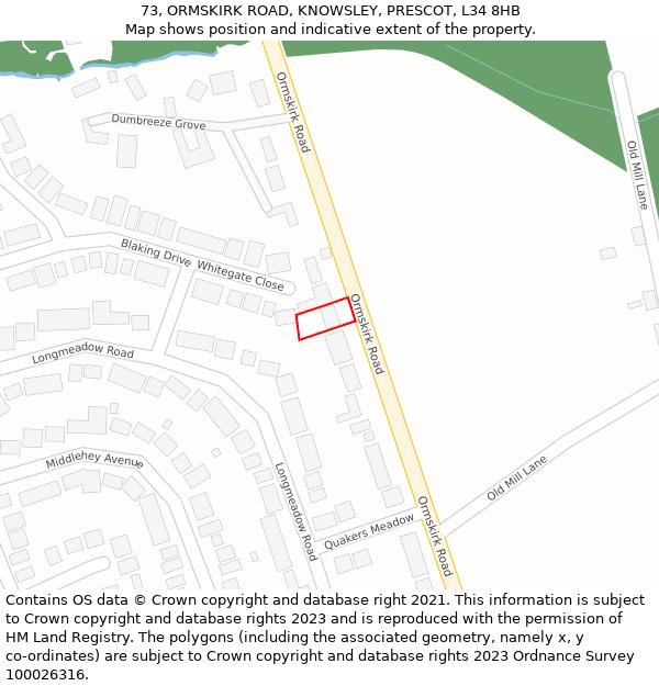 73, ORMSKIRK ROAD, KNOWSLEY, PRESCOT, L34 8HB: Location map and indicative extent of plot