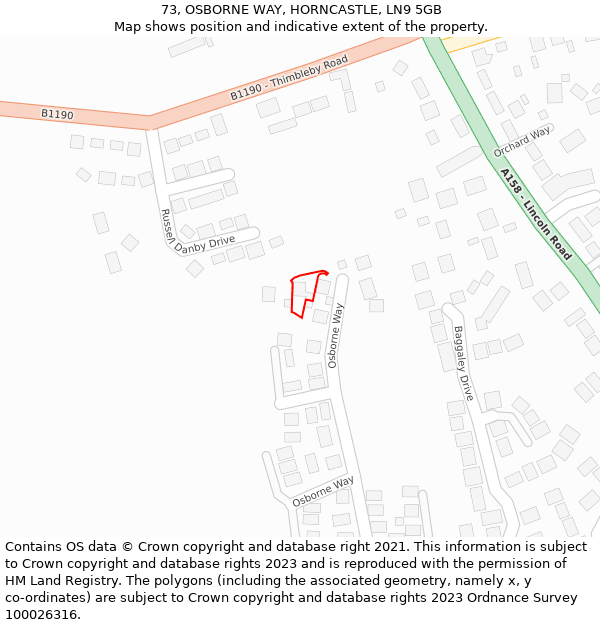 73, OSBORNE WAY, HORNCASTLE, LN9 5GB: Location map and indicative extent of plot