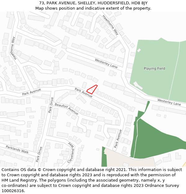 73, PARK AVENUE, SHELLEY, HUDDERSFIELD, HD8 8JY: Location map and indicative extent of plot