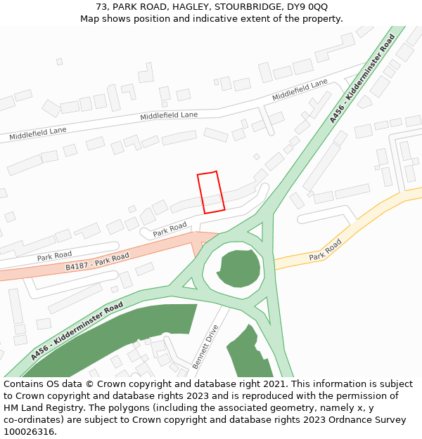 73, PARK ROAD, HAGLEY, STOURBRIDGE, DY9 0QQ: Location map and indicative extent of plot