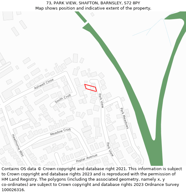 73, PARK VIEW, SHAFTON, BARNSLEY, S72 8PY: Location map and indicative extent of plot