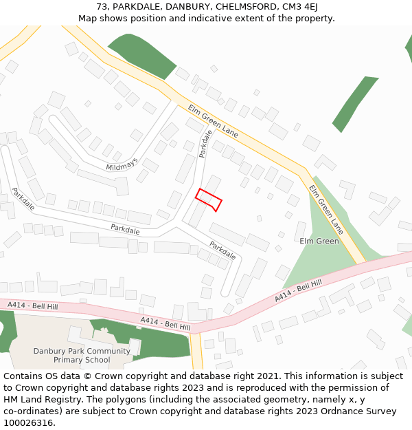 73, PARKDALE, DANBURY, CHELMSFORD, CM3 4EJ: Location map and indicative extent of plot