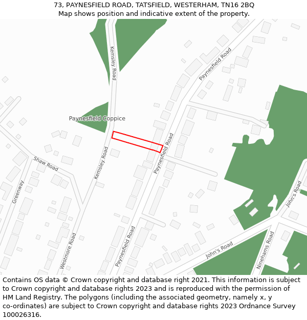 73, PAYNESFIELD ROAD, TATSFIELD, WESTERHAM, TN16 2BQ: Location map and indicative extent of plot