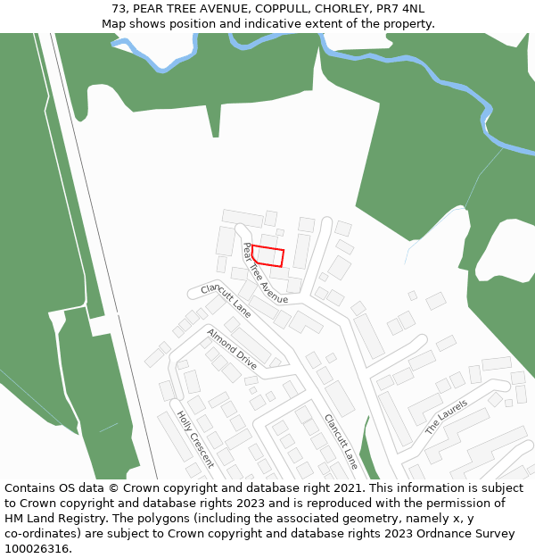 73, PEAR TREE AVENUE, COPPULL, CHORLEY, PR7 4NL: Location map and indicative extent of plot