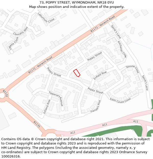 73, POPPY STREET, WYMONDHAM, NR18 0YU: Location map and indicative extent of plot