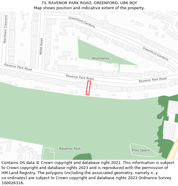 73, RAVENOR PARK ROAD, GREENFORD, UB6 9QY: Location map and indicative extent of plot