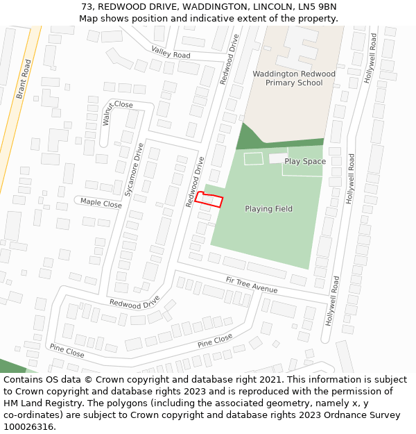 73, REDWOOD DRIVE, WADDINGTON, LINCOLN, LN5 9BN: Location map and indicative extent of plot