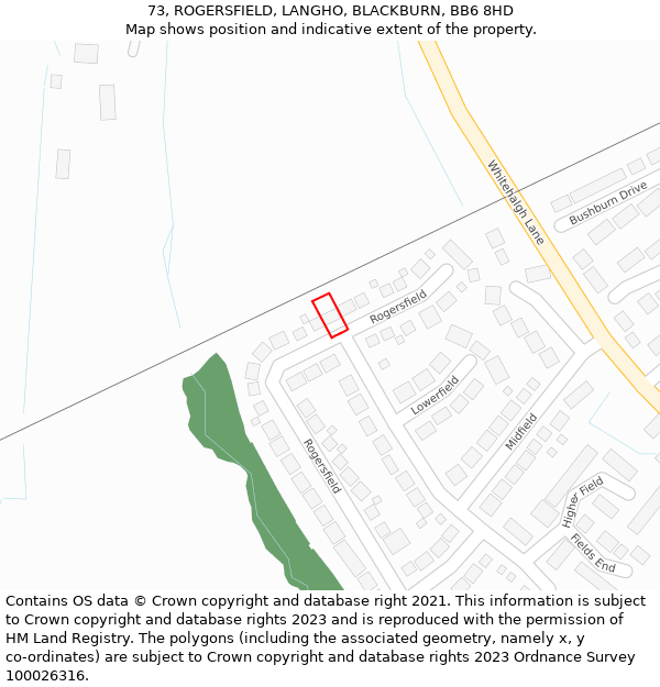 73, ROGERSFIELD, LANGHO, BLACKBURN, BB6 8HD: Location map and indicative extent of plot