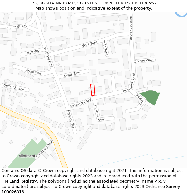 73, ROSEBANK ROAD, COUNTESTHORPE, LEICESTER, LE8 5YA: Location map and indicative extent of plot