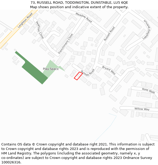 73, RUSSELL ROAD, TODDINGTON, DUNSTABLE, LU5 6QE: Location map and indicative extent of plot