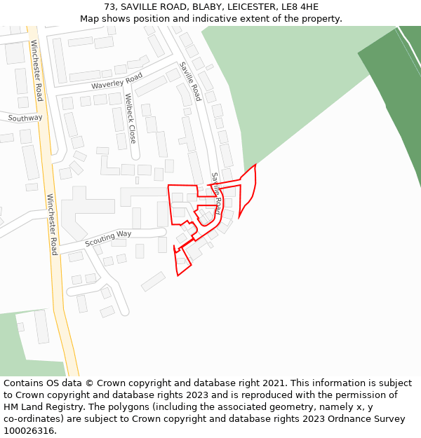 73, SAVILLE ROAD, BLABY, LEICESTER, LE8 4HE: Location map and indicative extent of plot