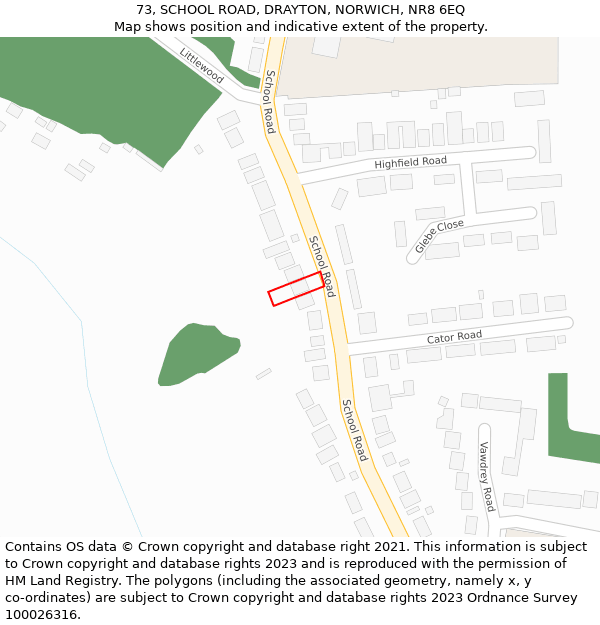 73, SCHOOL ROAD, DRAYTON, NORWICH, NR8 6EQ: Location map and indicative extent of plot