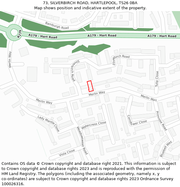 73, SILVERBIRCH ROAD, HARTLEPOOL, TS26 0BA: Location map and indicative extent of plot