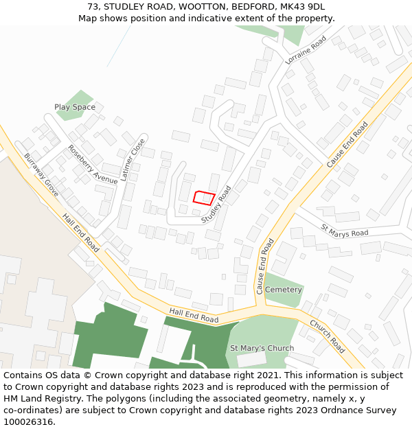 73, STUDLEY ROAD, WOOTTON, BEDFORD, MK43 9DL: Location map and indicative extent of plot