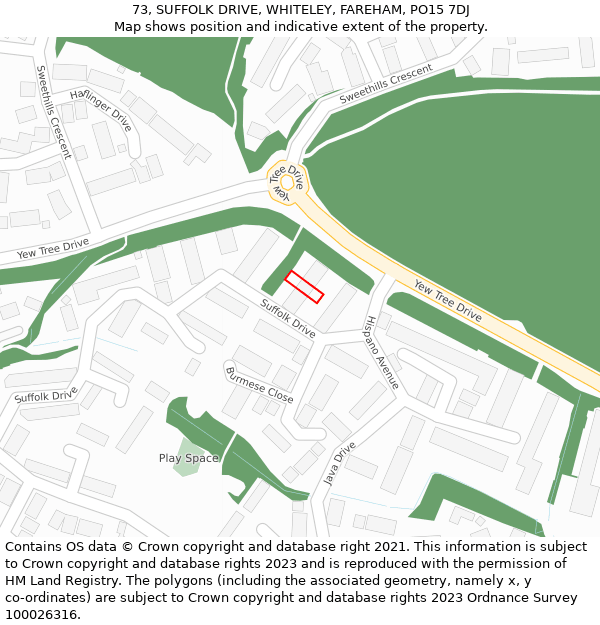 73, SUFFOLK DRIVE, WHITELEY, FAREHAM, PO15 7DJ: Location map and indicative extent of plot