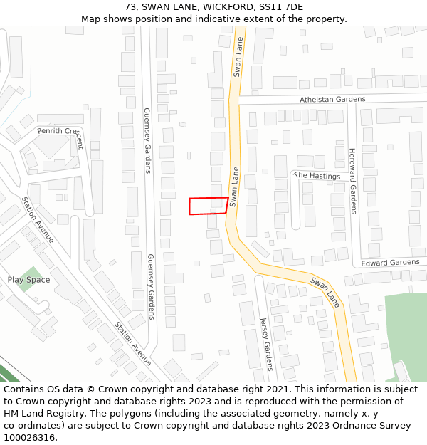 73, SWAN LANE, WICKFORD, SS11 7DE: Location map and indicative extent of plot