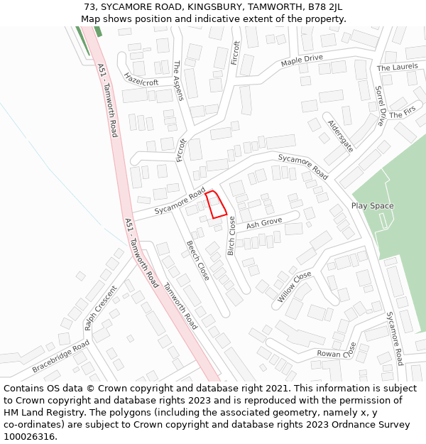 73, SYCAMORE ROAD, KINGSBURY, TAMWORTH, B78 2JL: Location map and indicative extent of plot