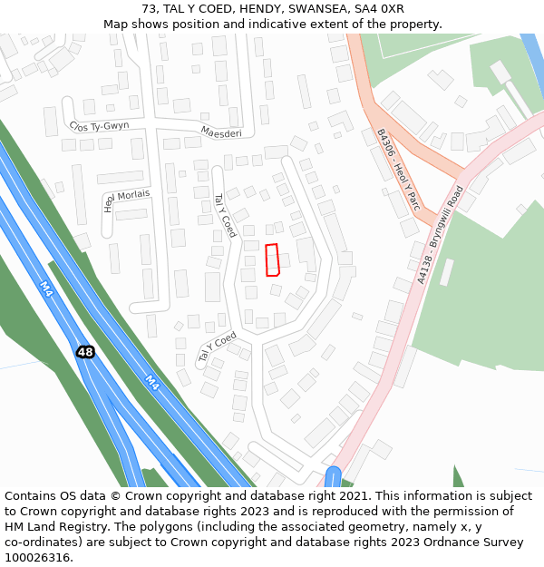 73, TAL Y COED, HENDY, SWANSEA, SA4 0XR: Location map and indicative extent of plot