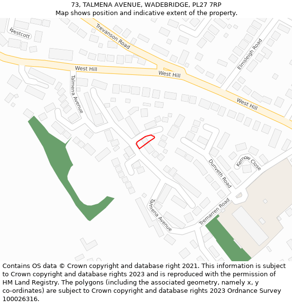 73, TALMENA AVENUE, WADEBRIDGE, PL27 7RP: Location map and indicative extent of plot