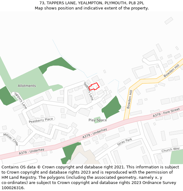 73, TAPPERS LANE, YEALMPTON, PLYMOUTH, PL8 2PL: Location map and indicative extent of plot