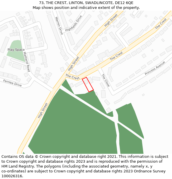 73, THE CREST, LINTON, SWADLINCOTE, DE12 6QE: Location map and indicative extent of plot