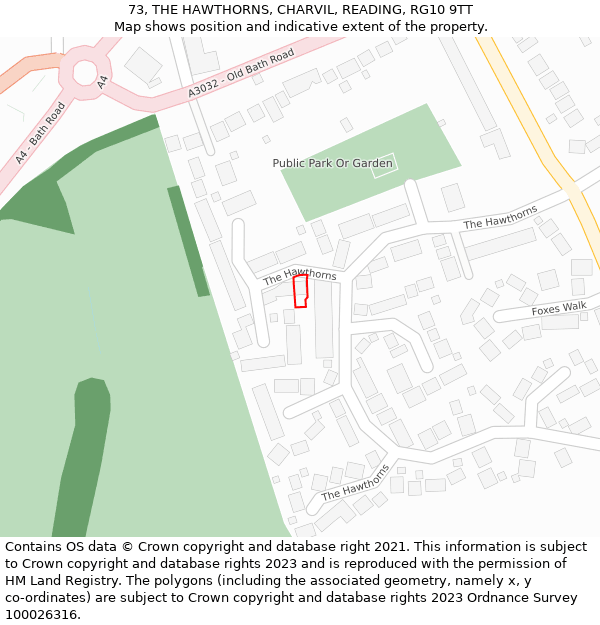 73, THE HAWTHORNS, CHARVIL, READING, RG10 9TT: Location map and indicative extent of plot