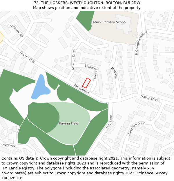73, THE HOSKERS, WESTHOUGHTON, BOLTON, BL5 2DW: Location map and indicative extent of plot
