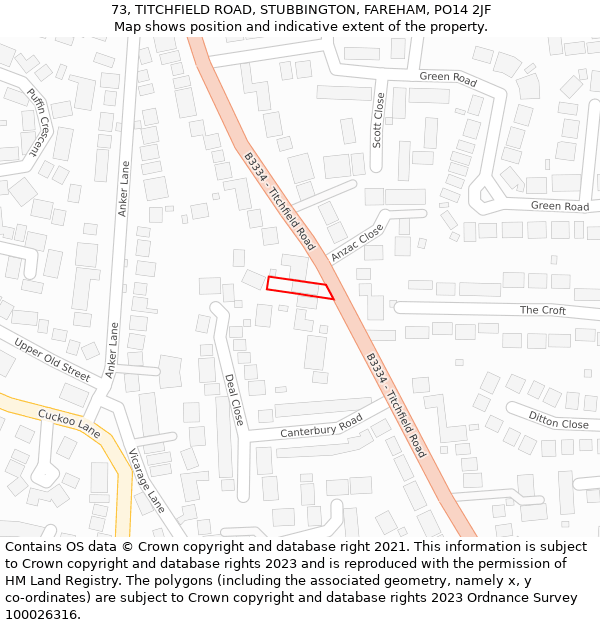 73, TITCHFIELD ROAD, STUBBINGTON, FAREHAM, PO14 2JF: Location map and indicative extent of plot