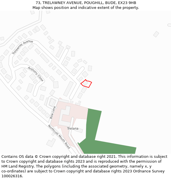 73, TRELAWNEY AVENUE, POUGHILL, BUDE, EX23 9HB: Location map and indicative extent of plot