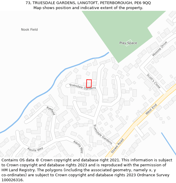 73, TRUESDALE GARDENS, LANGTOFT, PETERBOROUGH, PE6 9QQ: Location map and indicative extent of plot