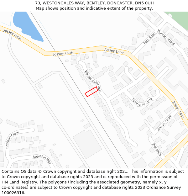 73, WESTONGALES WAY, BENTLEY, DONCASTER, DN5 0UH: Location map and indicative extent of plot