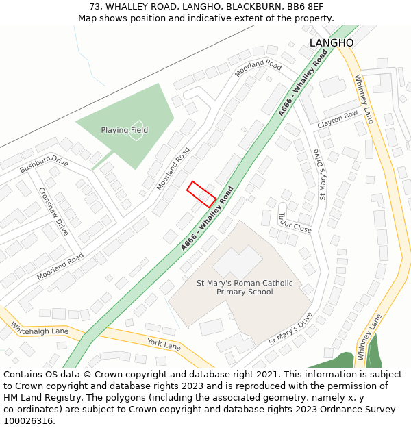 73, WHALLEY ROAD, LANGHO, BLACKBURN, BB6 8EF: Location map and indicative extent of plot