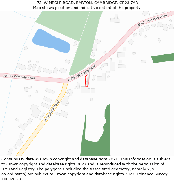 73, WIMPOLE ROAD, BARTON, CAMBRIDGE, CB23 7AB: Location map and indicative extent of plot