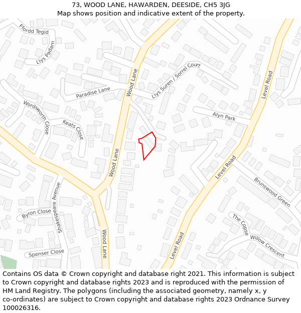 73, WOOD LANE, HAWARDEN, DEESIDE, CH5 3JG: Location map and indicative extent of plot