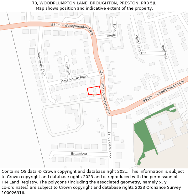 73, WOODPLUMPTON LANE, BROUGHTON, PRESTON, PR3 5JL: Location map and indicative extent of plot