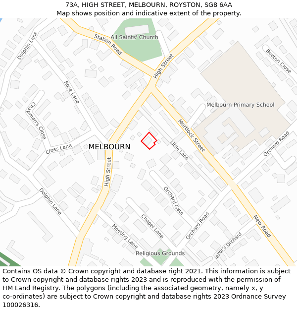 73A, HIGH STREET, MELBOURN, ROYSTON, SG8 6AA: Location map and indicative extent of plot