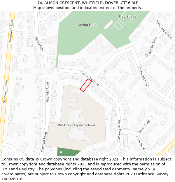 74, ALISON CRESCENT, WHITFIELD, DOVER, CT16 3LP: Location map and indicative extent of plot