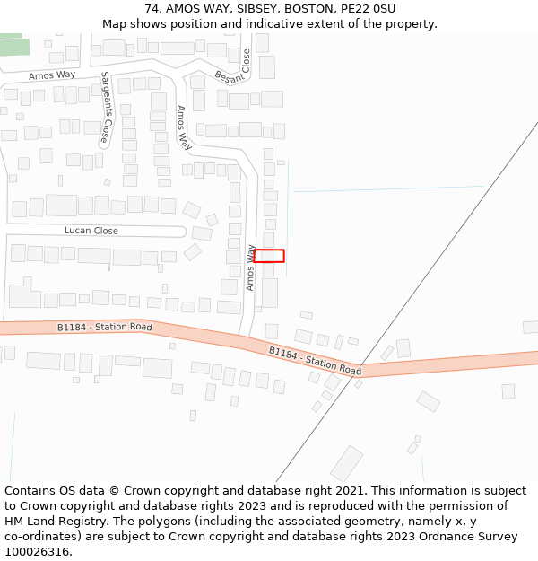 74, AMOS WAY, SIBSEY, BOSTON, PE22 0SU: Location map and indicative extent of plot