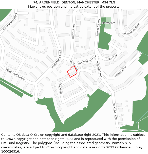 74, ARDENFIELD, DENTON, MANCHESTER, M34 7LN: Location map and indicative extent of plot