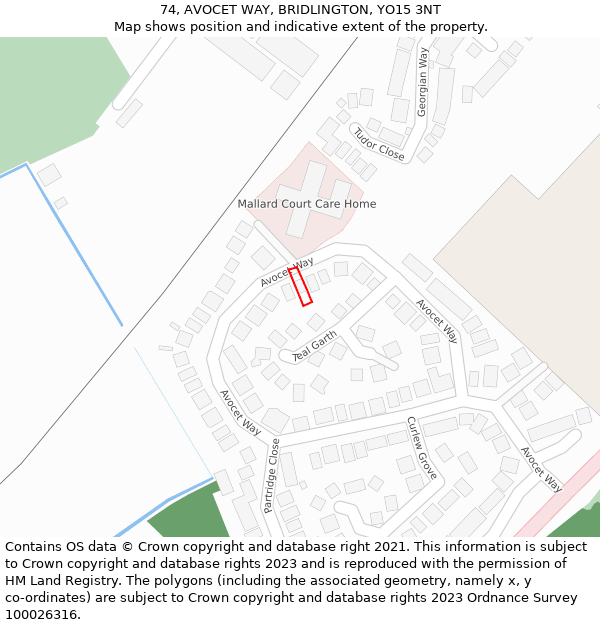 74, AVOCET WAY, BRIDLINGTON, YO15 3NT: Location map and indicative extent of plot