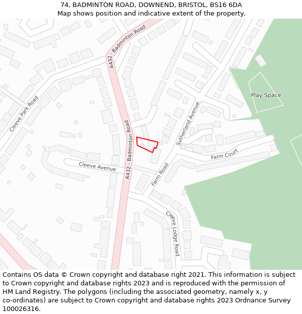 74, BADMINTON ROAD, DOWNEND, BRISTOL, BS16 6DA: Location map and indicative extent of plot
